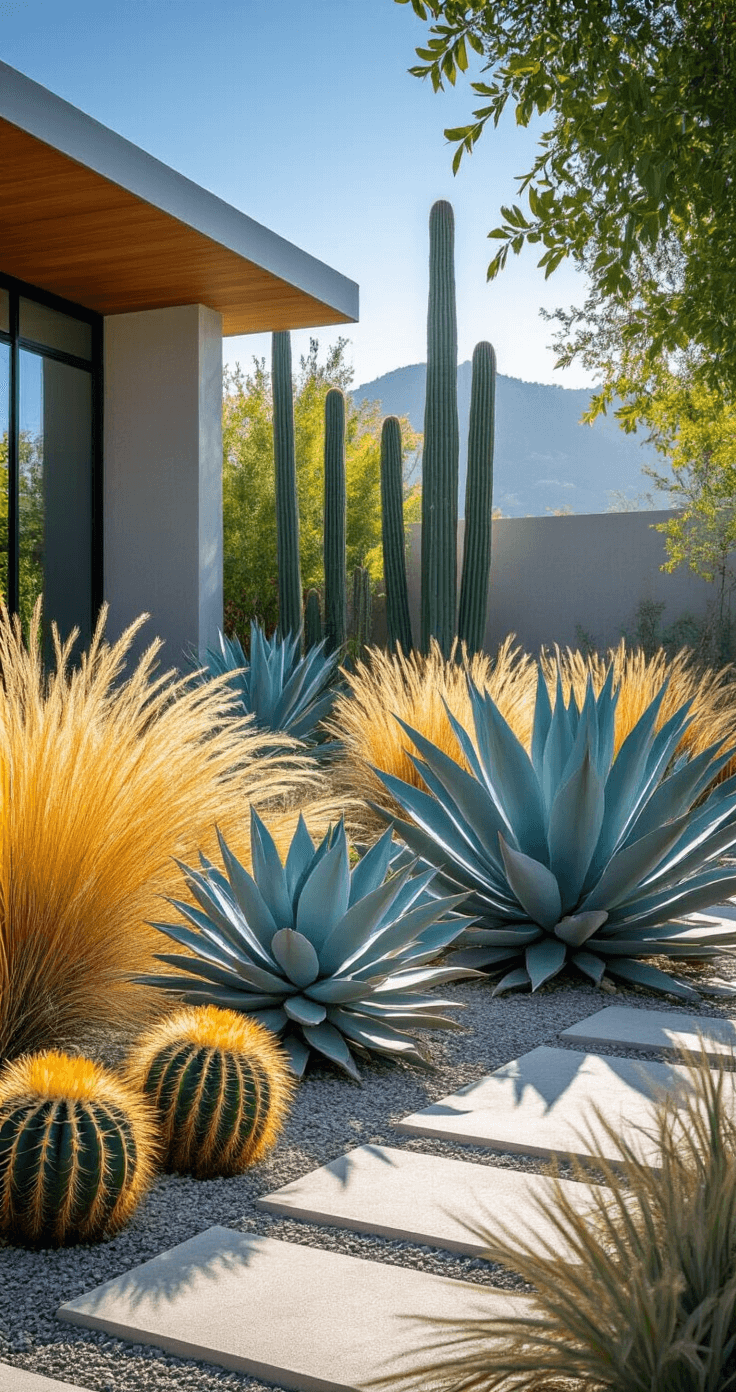Modern xerophytic garden oasis featuring architectural blue-gray agave, tall yucca plants, golden ornamental grasses, and yellow-blooming prickly pear cacti under bright sunlight, with clean-lined decomposed granite pathways and minimalist concrete planters, emphasizing sculptural forms and strong shadows.