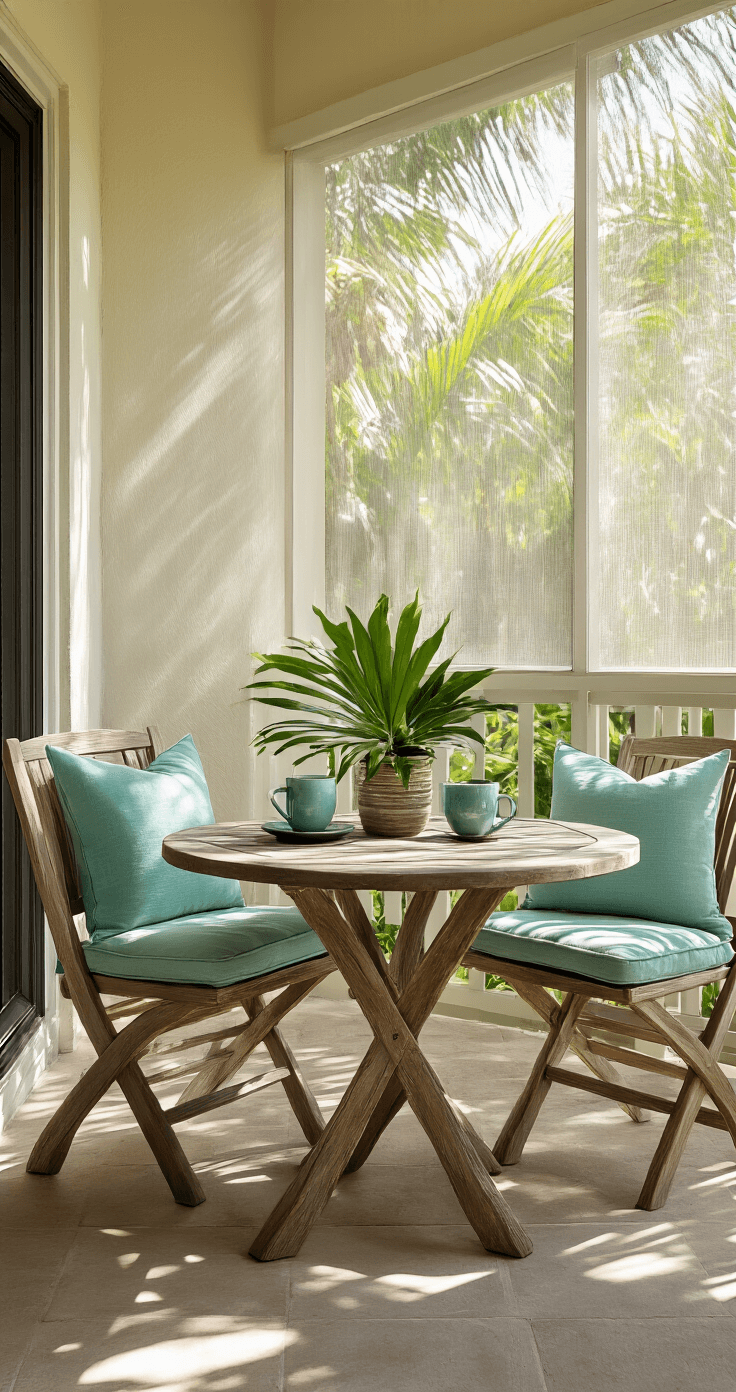 Intimate bistro set on a small Florida lanai featuring a weathered teak table and two matching chairs with aqua and sage green pillows, a tropical plant centerpiece, and textured ceramic coffee cups, all bathed in soft morning light casting dappled shadows.