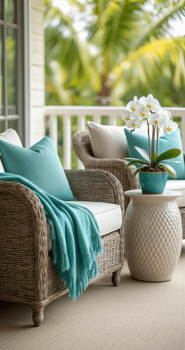 Cozy lanai seating area featuring weather-resistant wicker armchairs with sea-glass green cushions, an aqua throw blanket, and a smooth ceramic side table adorned with an orchid in a colorful container, all bathed in soft afternoon light for a peaceful coastal retreat atmosphere.