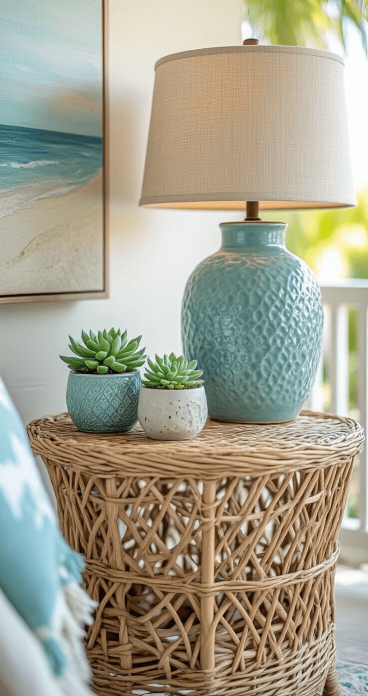 A close-up shot of a styled lanai accent table featuring a wicker side table, a ceramic lamp, a coastal art piece, and a small succulent in a decorative pot, showcasing an aqua and sand color scheme in warm morning light.