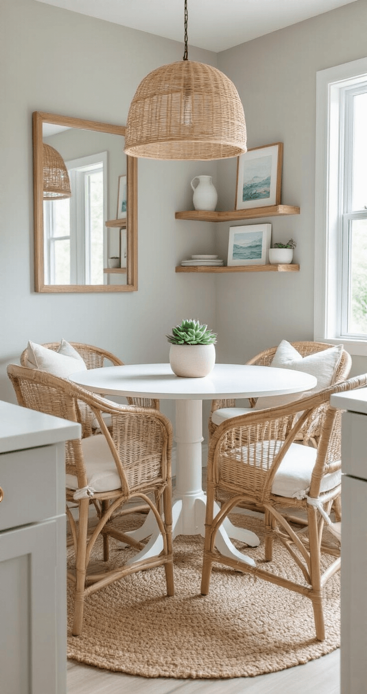 A cozy Florida dining area featuring a round white pedestal table surrounded by wicker chairs with cream cushions, illuminated by soft natural light. Floating shelves display minimal coastal artwork, while a large mirror reflects the light from the window. The space includes a natural rattan pendant light, a small potted succulent centerpiece, light gray walls, and a jute rug under the table, all viewed from a kitchen pass-through.