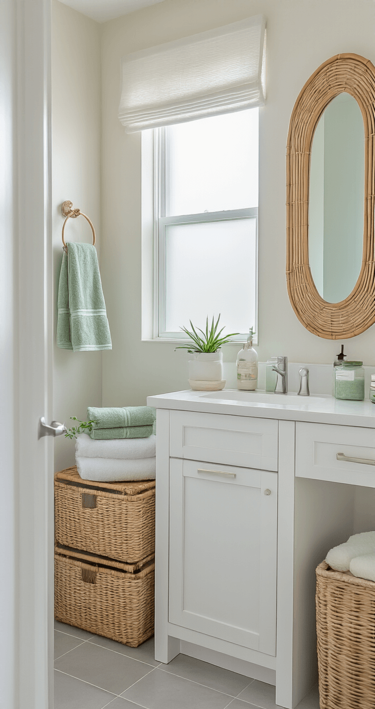 A serene Florida apartment bathroom featuring a white vanity with clean lines, bamboo storage baskets, and sage green and white linen towels, all illuminated by soft morning light filtering through a frosted window. The space is adorned with small potted air plants, a natural wood mirror frame, a wicker hamper, and minimal toiletries in glass containers. Light gray tile flooring and sheer window treatments contribute to the coastal minimalism aesthetic, creating a peaceful atmosphere. Shot from the doorway entrance.