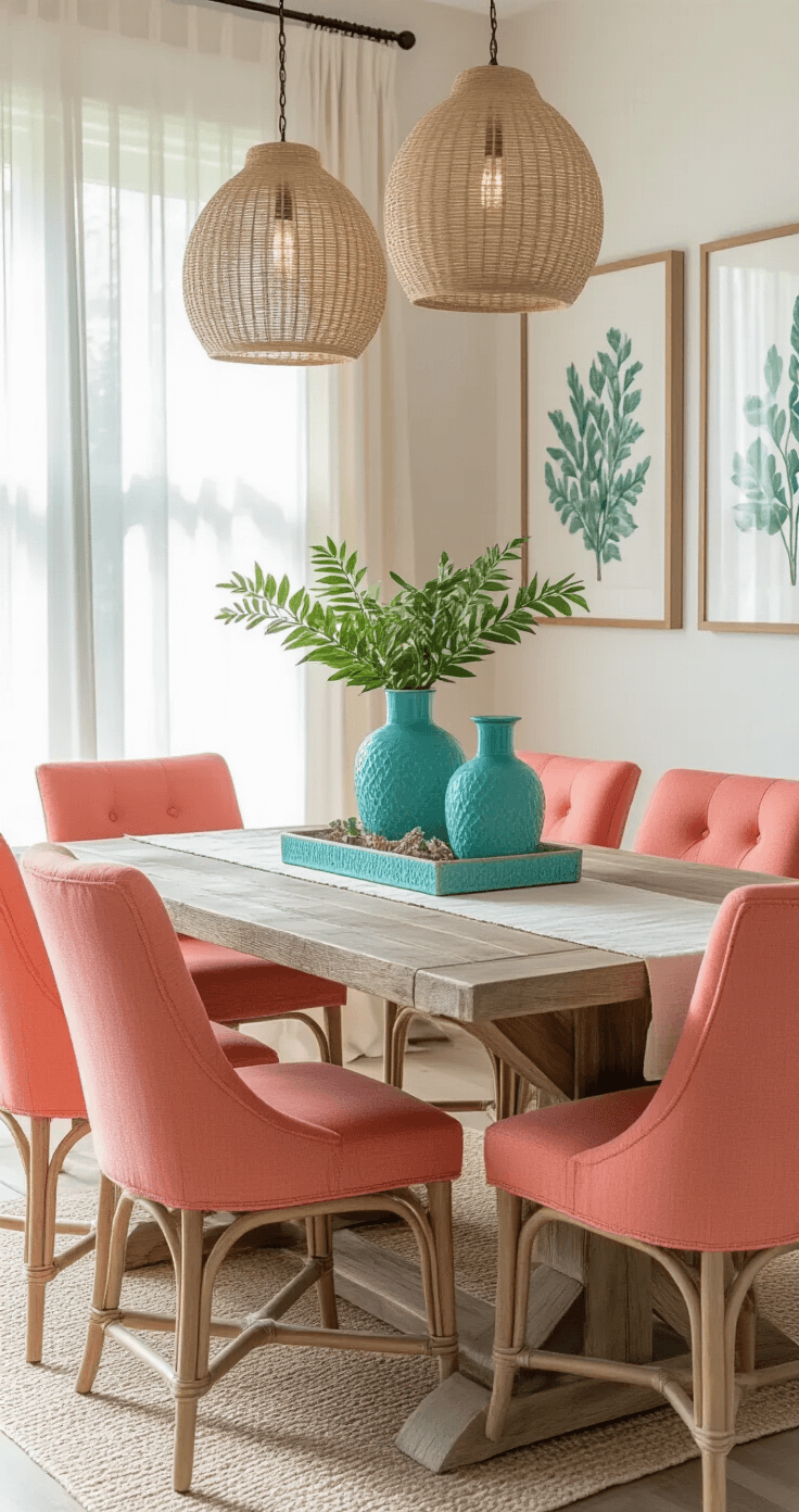 A beautifully designed Florida dining area bathed in soft afternoon sunlight, featuring a reclaimed wood table under sculptural pendant lighting, colorful coral accent chairs alongside neutral seating, and botanical prints on white walls, with coastal-themed trays and turquoise vases holding tropical greenery, creating an elegant and relaxed atmosphere.