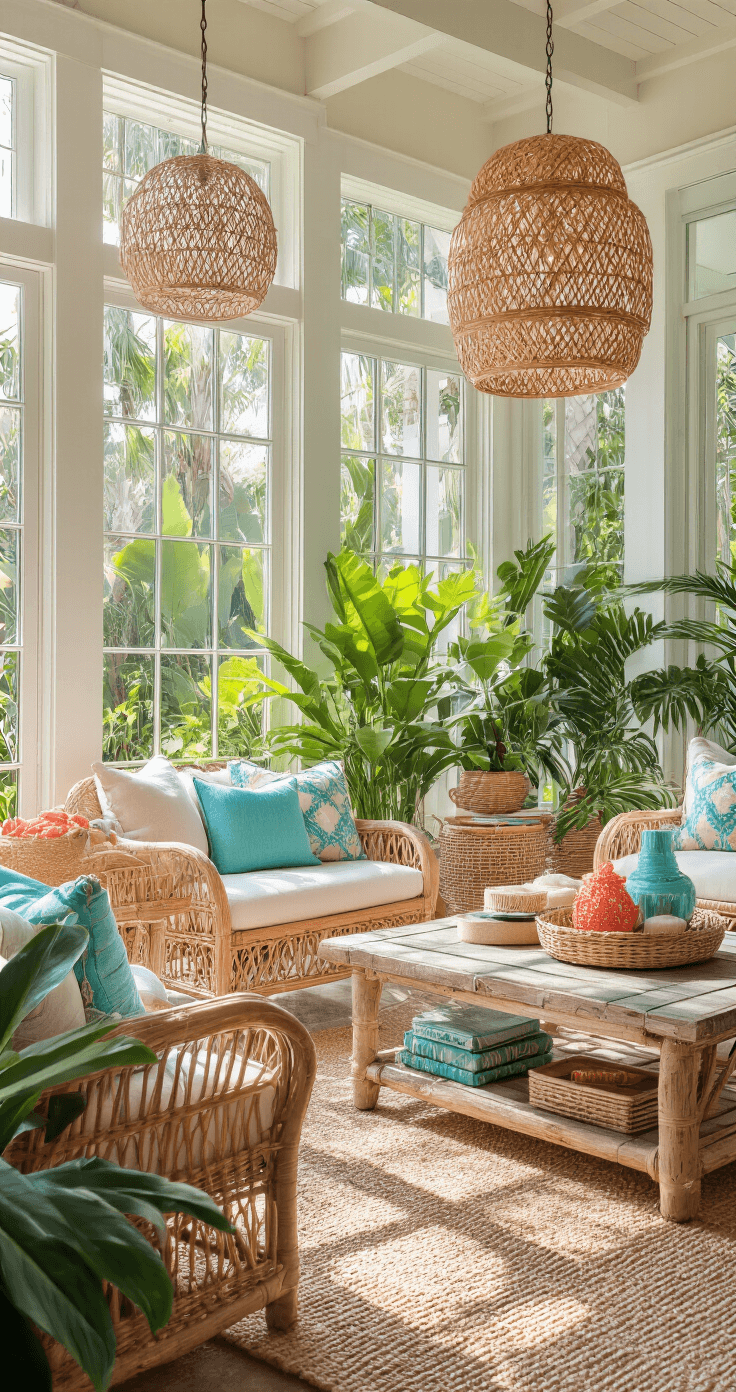 A vibrant Florida sunroom oasis filled with rattan furniture and linen cushions, illuminated by bright midday light through glass walls, featuring tropical plants in woven baskets and coral and turquoise accents, styled with a weathered wood coffee table adorned with coastal accessories and layered throw pillows, conveying an energetic yet relaxed tropical paradise atmosphere.