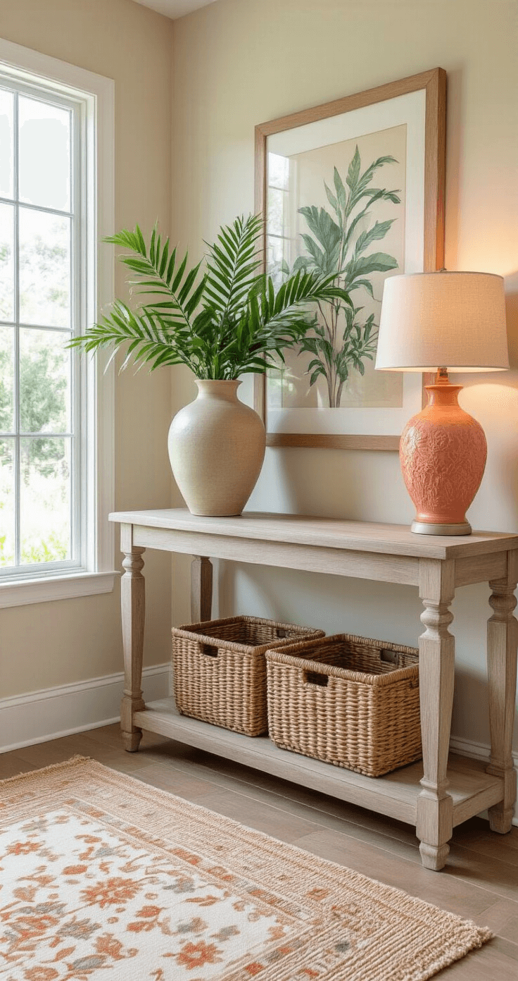 An elegant Florida entryway featuring a weathered wood curved console table adorned with a large ceramic vase filled with tropical greenery, a woven basket for storage underneath, and a botanical print gallery wall in sandy neutral frames. A coral accent lamp adds warmth, complemented by a linen runner with a coastal pattern and a jute area rug, all captured from a low camera angle to highlight architectural details and a welcoming atmosphere in soft morning light.
