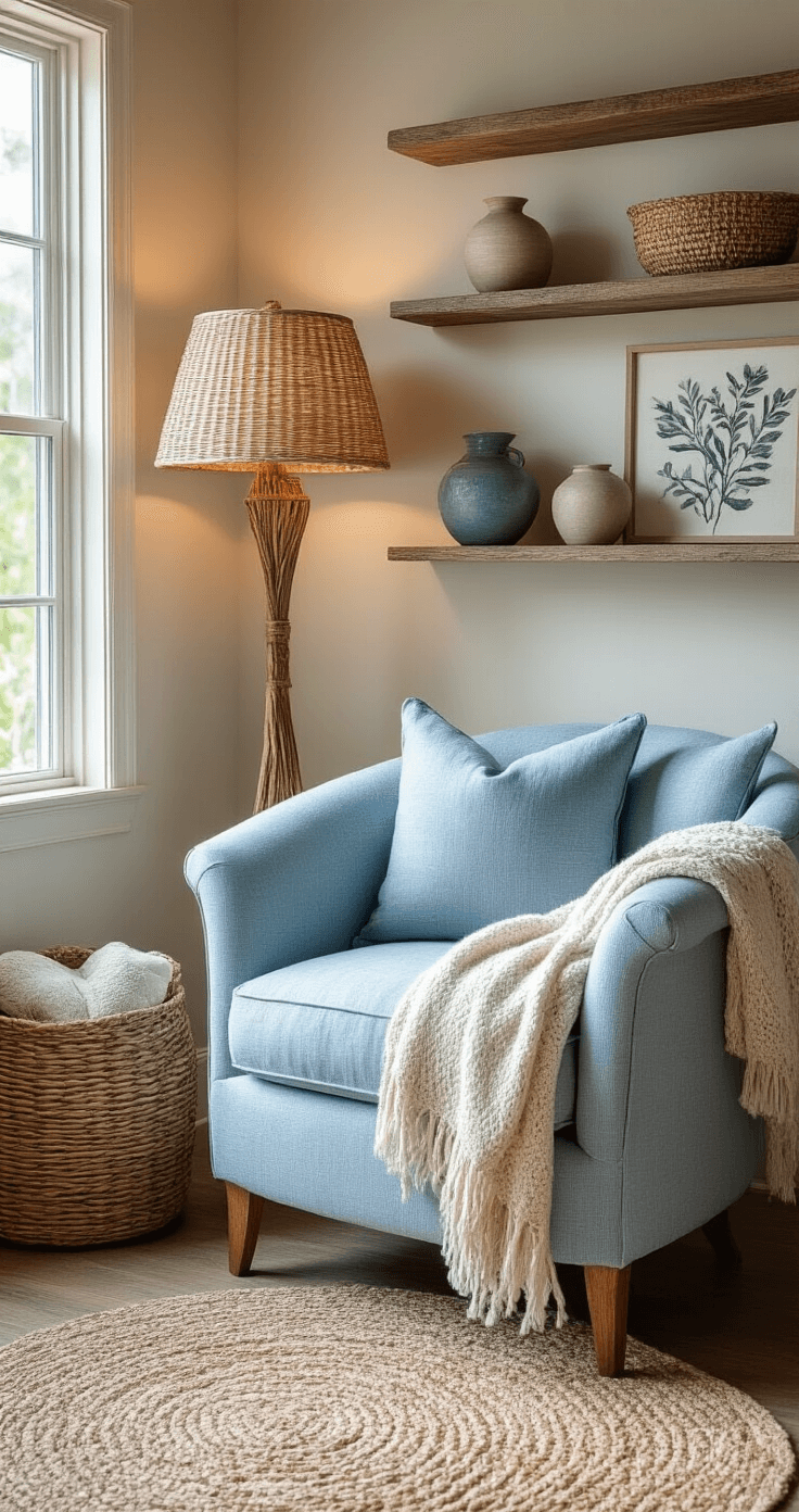 Cozy reading nook in Florida with ocean blue linen chair, wicker floor lamp, weathered wood shelves, and layered throw blankets, bathed in warm afternoon light, showcasing soft textures and botanical wall art for a personal sanctuary atmosphere.