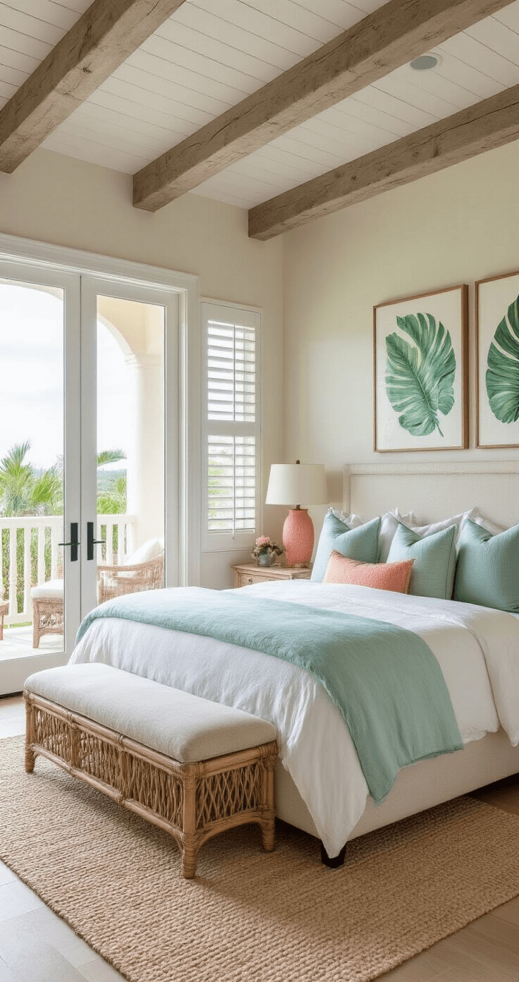 Stunning master bedroom featuring floor-to-ceiling windows, a king bed with layered seafoam and pearl bedding, rattan nightstands with coral lamps, weathered wood ceiling beams, a sisal rug, tropical leaf artwork, and French doors leading to a private balcony.