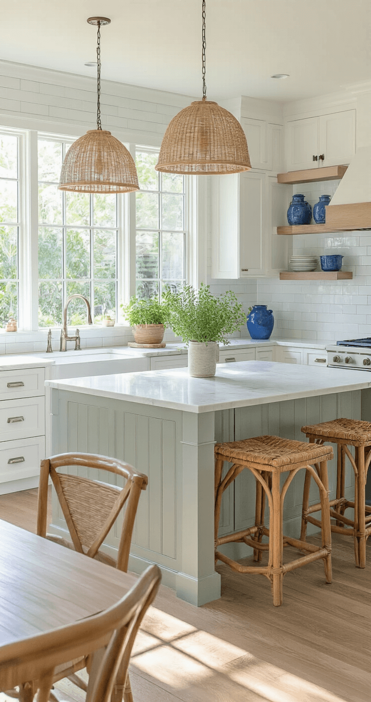 Open-concept Florida kitchen featuring white shaker cabinets, a quartzite waterfall island, and a soft sage subway tile backsplash, illuminated by late afternoon light. The scene includes a farmhouse sink under garden windows, pendant lights with woven rattan shades, natural teak bar stools, and potted herbs on the windowsill, with coastal blue pottery on open shelving. The weathered oak hardwood floors lead to an adjoining family room, emphasizing a bright and airy atmosphere with large windows showcasing lush landscaping.
