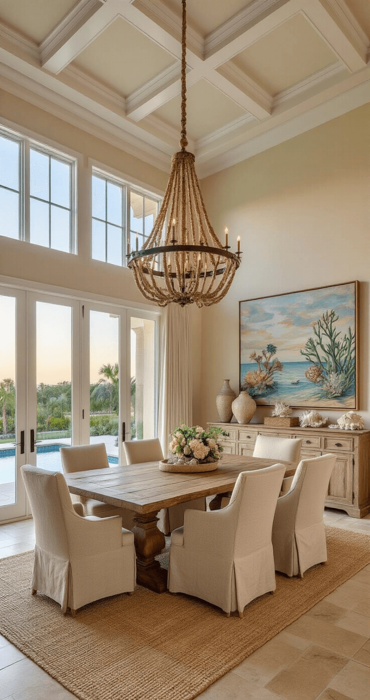 Luxurious dining room in a Florida house featuring a coffered ceiling, oversized pool-view windows, reclaimed wood table for eight, natural linen upholstered chairs, statement chandelier, built-in hutch with coral collections, large botanical paintings, and a sisal rug, complemented by seamless indoor-outdoor flow through French doors to a screened porch, all bathed in warm golden hour light.