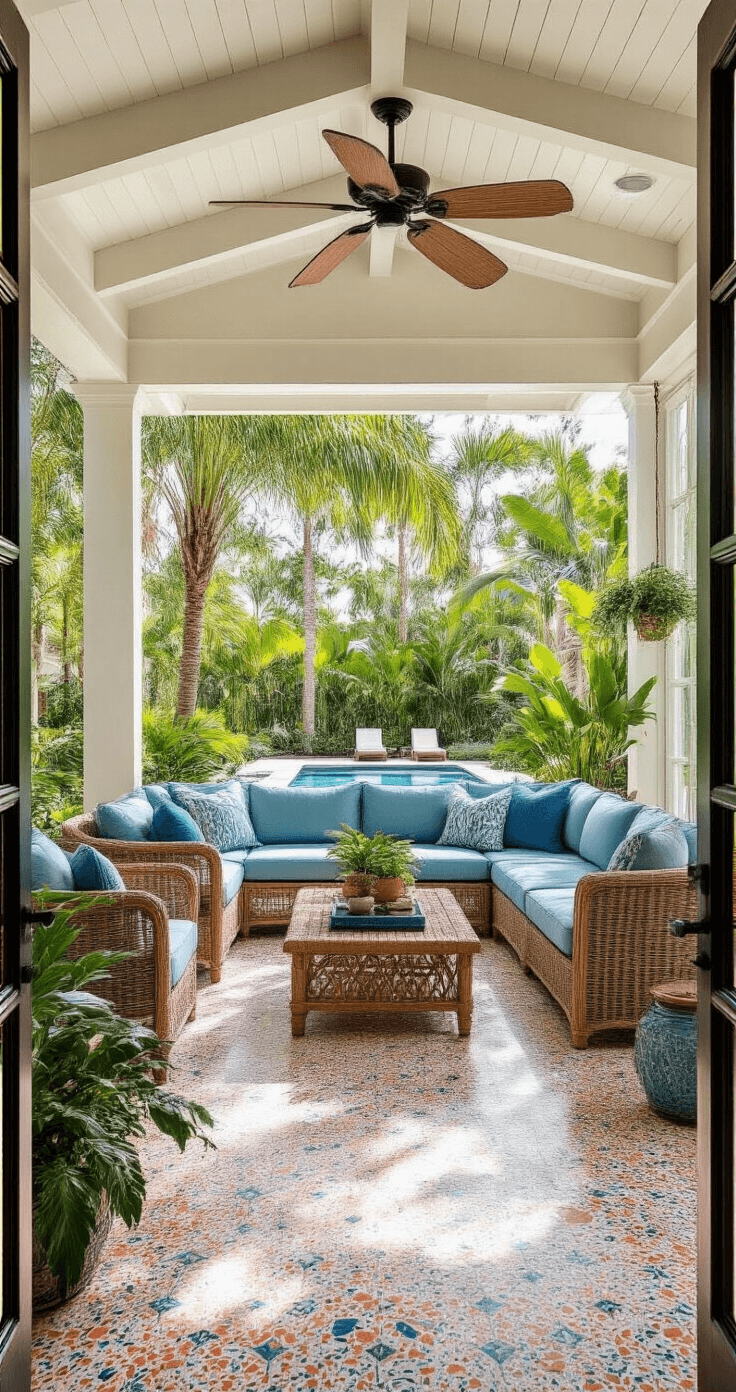 Inviting Florida house screened porch featuring vaulted ceiling with exposed beams, terrazzo flooring with coral inlay, and abundant natural light from palm trees; includes ocean blue deep seating sectional, rattan coffee table, tropical plants, teak dining set, and pool view, all enhanced by string lights for a relaxed outdoor living atmosphere.