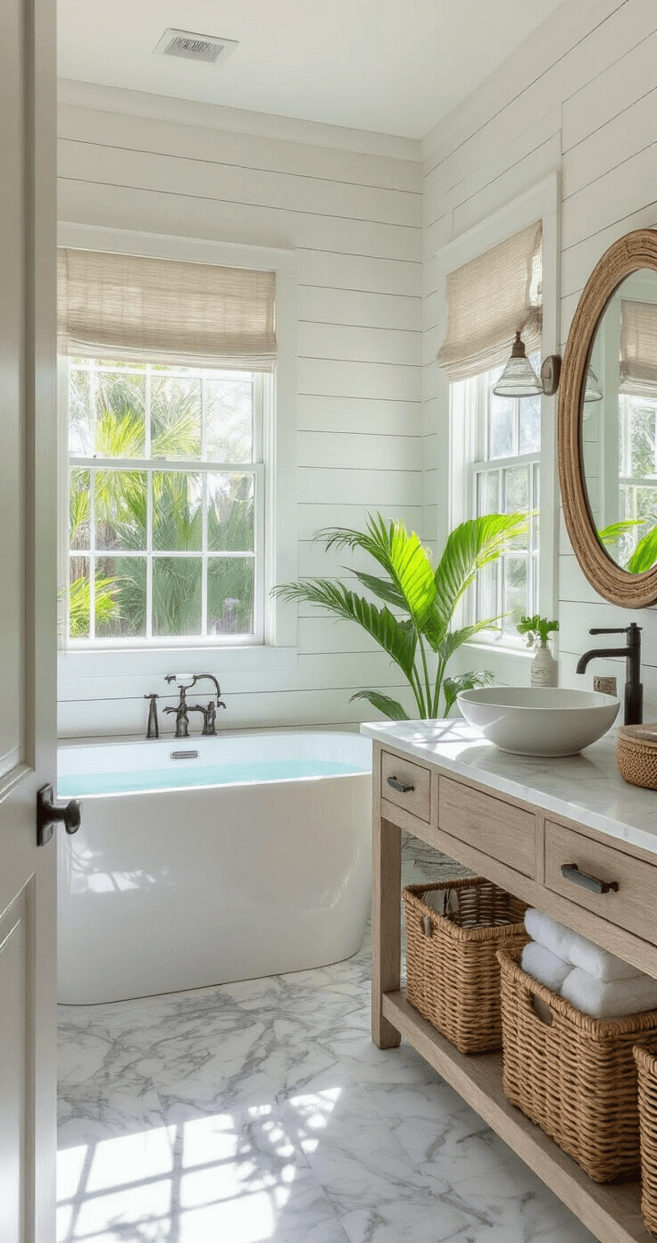 Elegant Florida bathroom featuring a freestanding soaking tub, marble floors with soft grey veining, and shiplap walls. Morning sunlight filters through a frosted glass window, illuminating a weathered wood vanity and vessel sink. Rattan baskets and tropical plants enhance the coastal decor, while a walk-in shower with subway tiles and a rainfall showerhead add to the spa-like atmosphere.