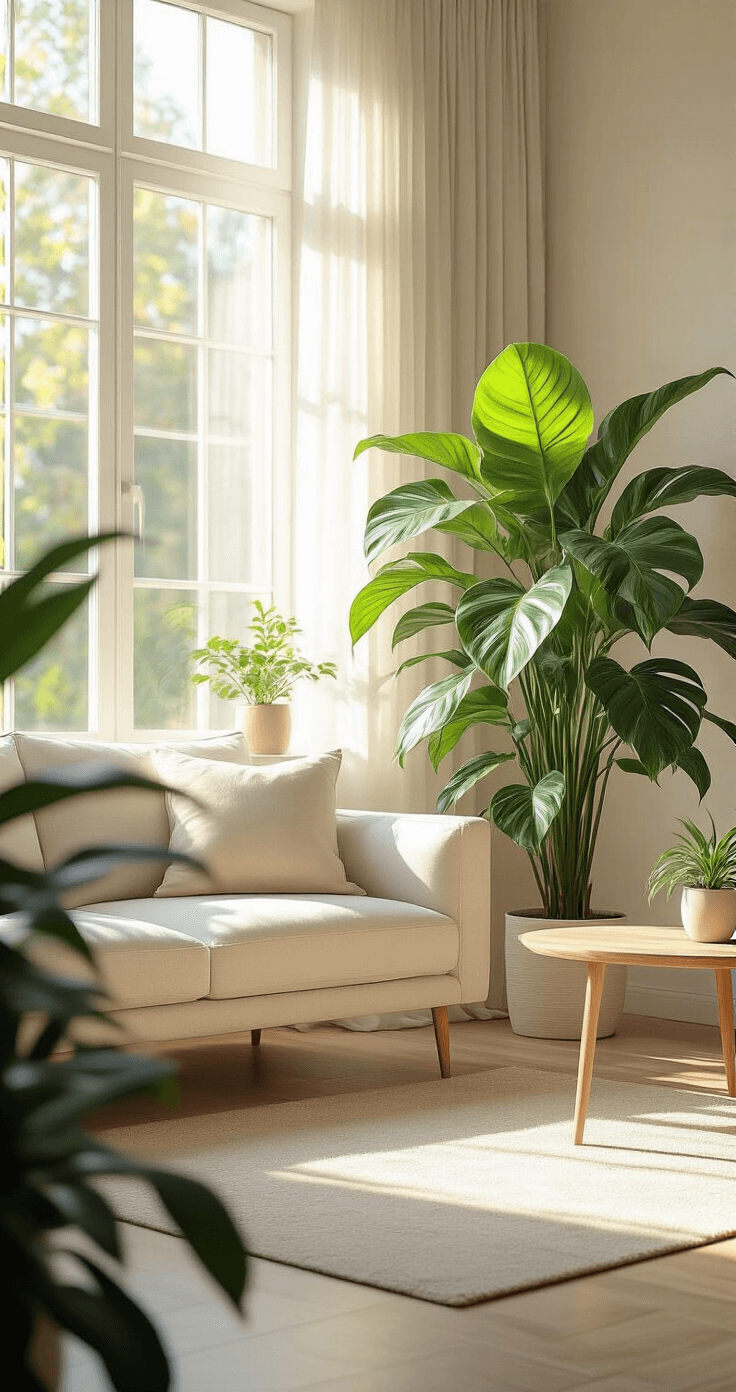 Photorealistic living room with a Philodendron Florida Beauty centerpiece, showcasing creamy white and vibrant green variegated leaves in soft morning light, surrounded by modern minimalist furniture in warm earth tones.