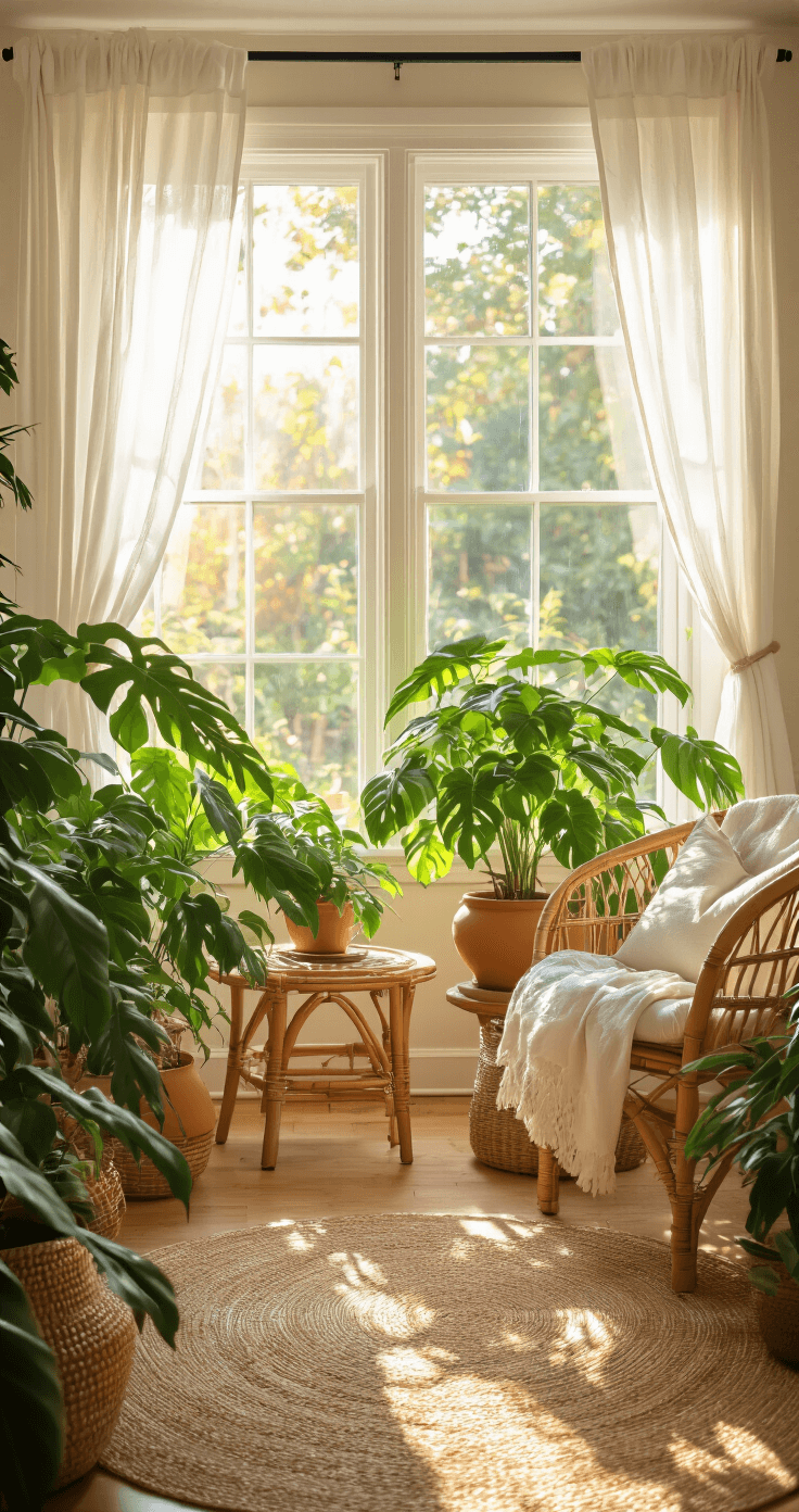 Bright and airy sunroom featuring a Philodendron Florida Beauty by an east window, natural bamboo furniture, and white sheer curtains filtering golden hour light, with clay pots and natural textures creating a botanical sanctuary atmosphere.