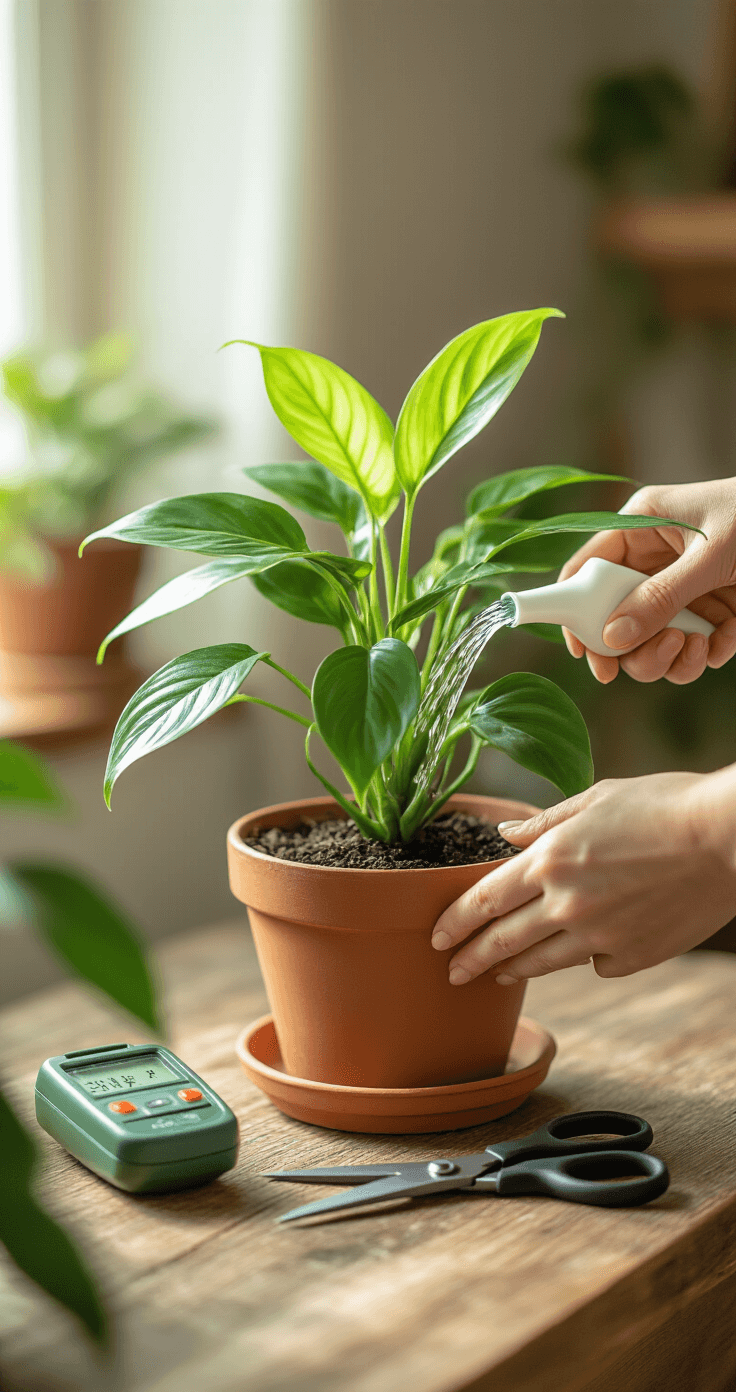 Close-up of hands watering a Philodendron Florida Beauty in a terracotta pot on a rustic wooden table, featuring a moisture meter and pruning shears, with soft natural lighting in a cozy plant parent corner.