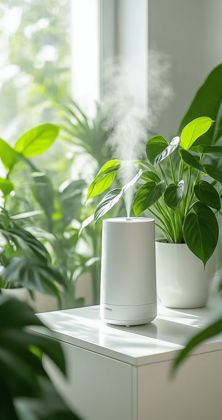 Humidity-rich plant corner with Philodendron Florida Beauty, sleek humidifier emitting mist, tropical plants, modern white furniture, and soft diffused lighting in a spa-like interior.