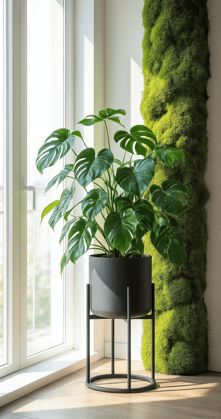 Elegant indoor plant display featuring a Philodendron Florida Beauty climbing a moss pole, surrounded by floor-to-ceiling windows that provide bright indirect light, casting dramatic shadows on a minimalist modern interior with a contemporary plant stand.