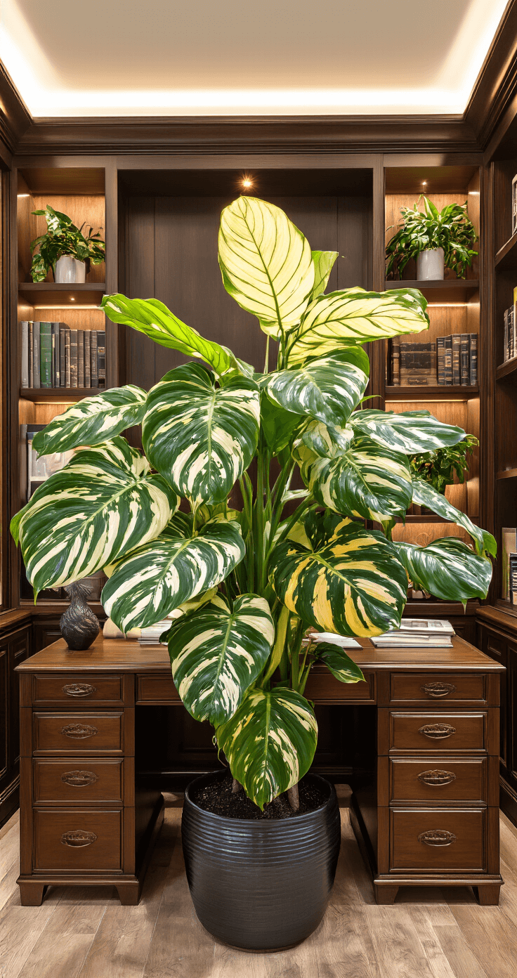 A luxurious home office with dark wood furniture featuring a rare Philodendron Florida Beauty with striking yellow and cream variegation, complemented by expensive botanical specimens, all beautifully illuminated by professional lighting.