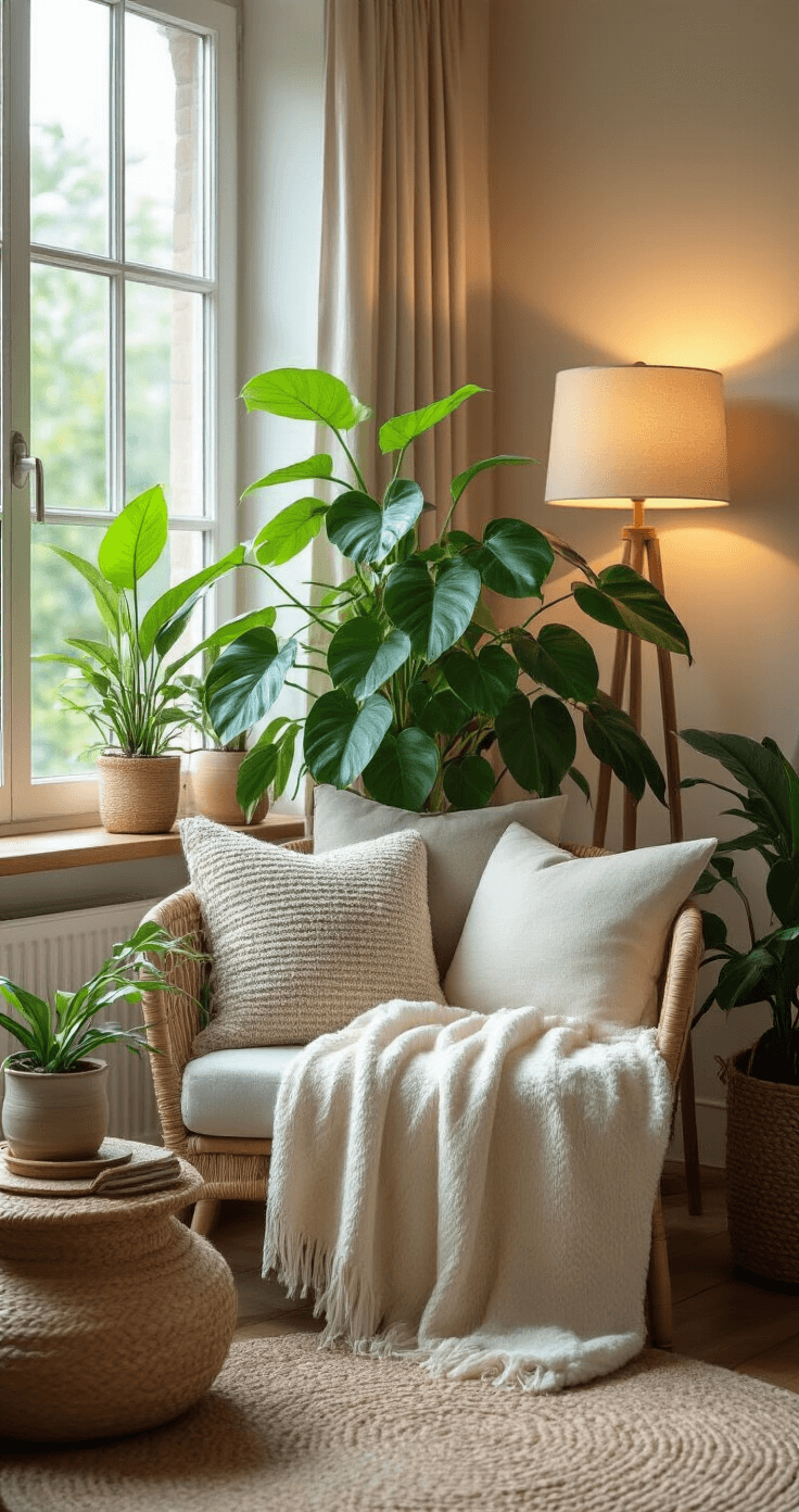 A cozy reading nook featuring a Philodendron Florida Beauty as a statement piece, surrounded by soft throw pillows and warm lamp lighting blending with daylight, creating an inviting atmosphere with natural textures in a medium-wide composition.