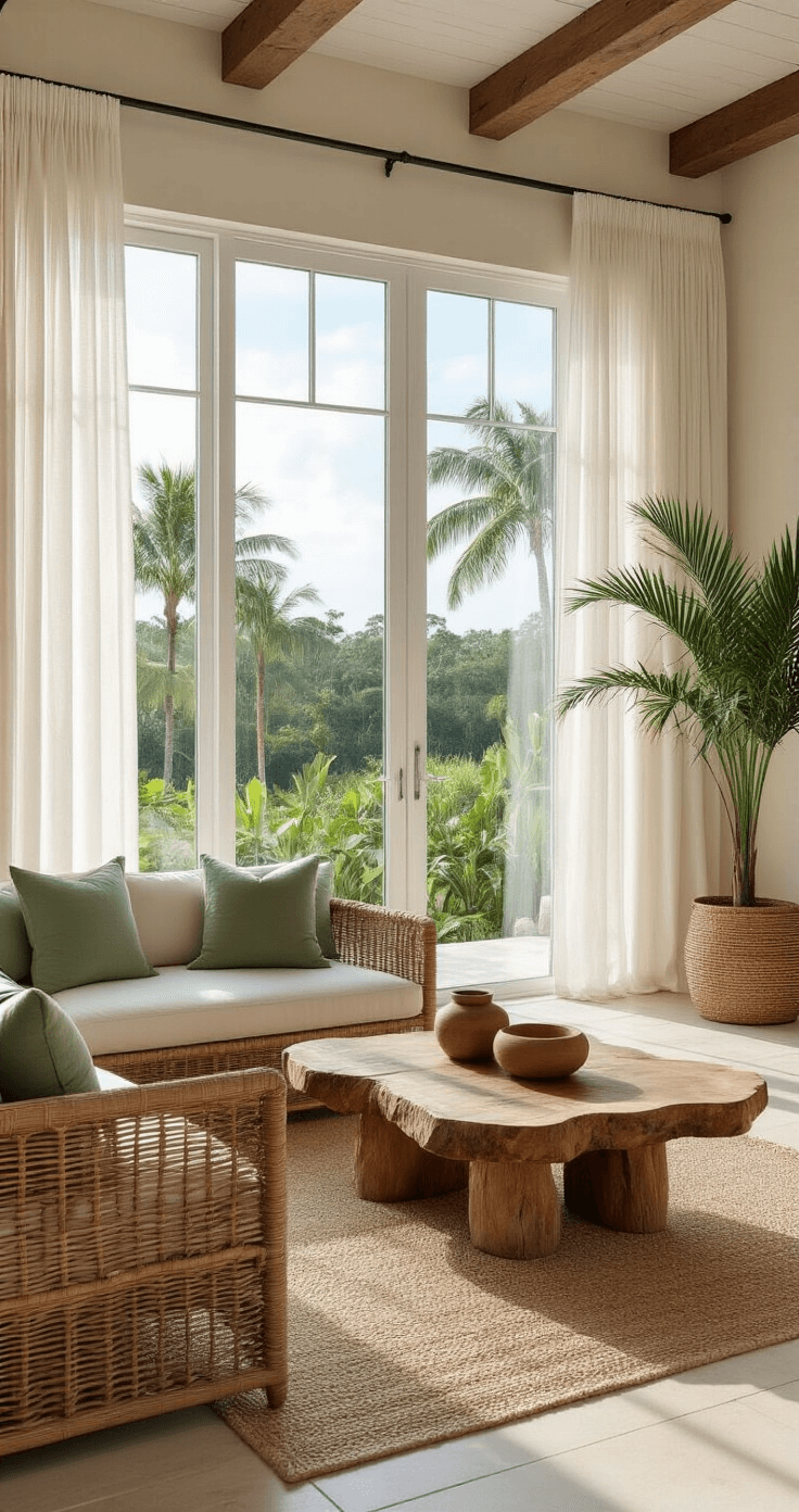 Photorealistic medium-wide shot of an elegant Florida living room featuring floor-to-ceiling windows with tropical views, flooded with morning light. Decor includes a rattan sectional with sage cushions, a live-edge cypress coffee table, and a potted sabal palm, all set against warm white walls and a natural wood beam ceiling, with layered textures from a jute rug and woven baskets.