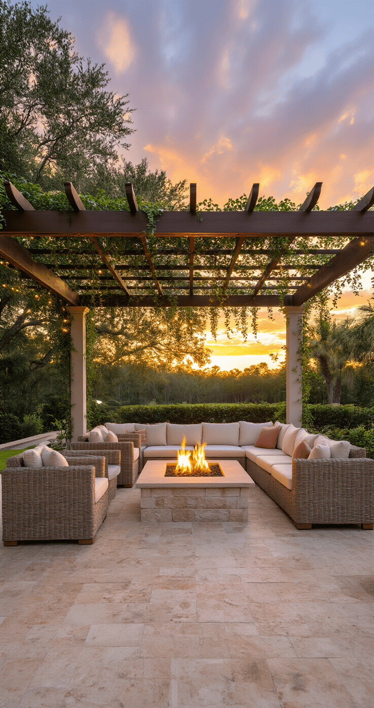 Wide shot of a Florida patio featuring a cypress beam pergola with climbing jasmine, dappled shadows on coral stone flooring, and a teak sectional around a limestone fire pit, illuminated by warm string lights and a dramatic sunset sky.