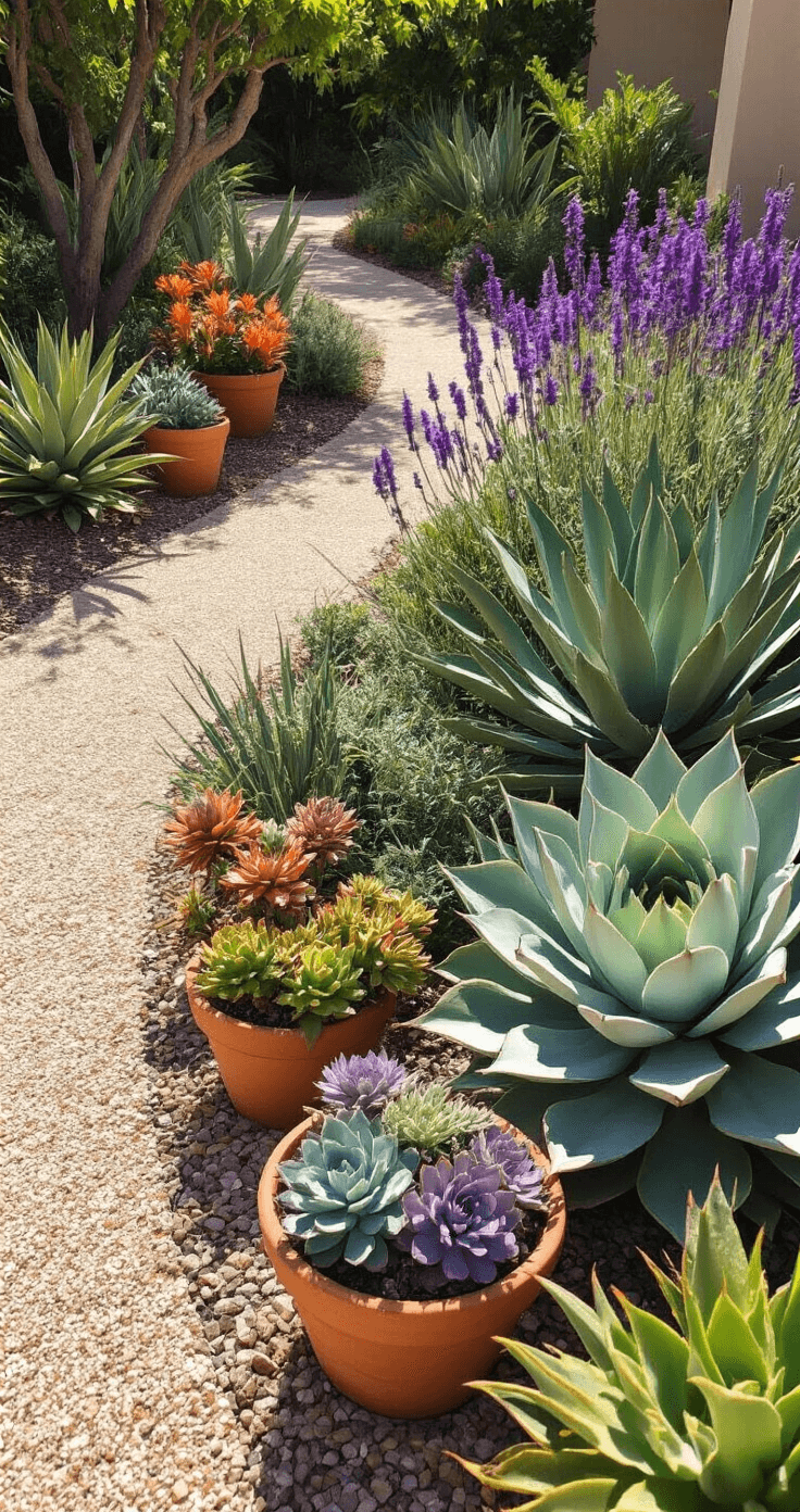 Macro shot transitioning to medium view of a drought-tolerant Florida garden corner featuring dramatic shadows from agave, silver-leafed firebush, and purple-flowering salvia under harsh midday sun. Decomposed granite pathways wind through the garden, with terracotta containers of succulents arranged at varying heights, showcasing a color palette of sage, silver, deep purple, and coral. The low angle emphasizes the plant textures and contemporary water-wise design.