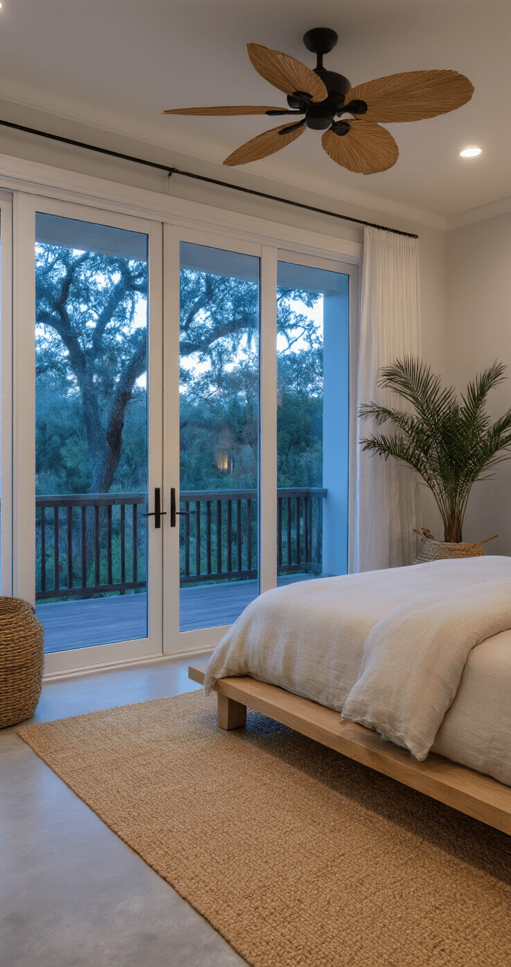 Atmospheric wide shot of a serene Florida bedroom sanctuary at twilight, featuring a white oak platform bed with organic linen bedding, sliding glass doors opening to a screened porch, and views of a native landscape illuminated by soft lighting.