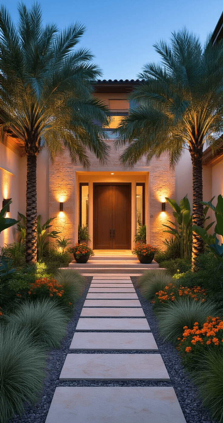 Cinematic view of a Florida front entrance courtyard at dusk, featuring a warm pathway through native plants, dramatic shadows from sabal palms on coral stone walls, a modern teak front door with bronze hardware, and seasonal blooms in container gardens, all illuminated by architectural lighting for a resort-like ambiance.