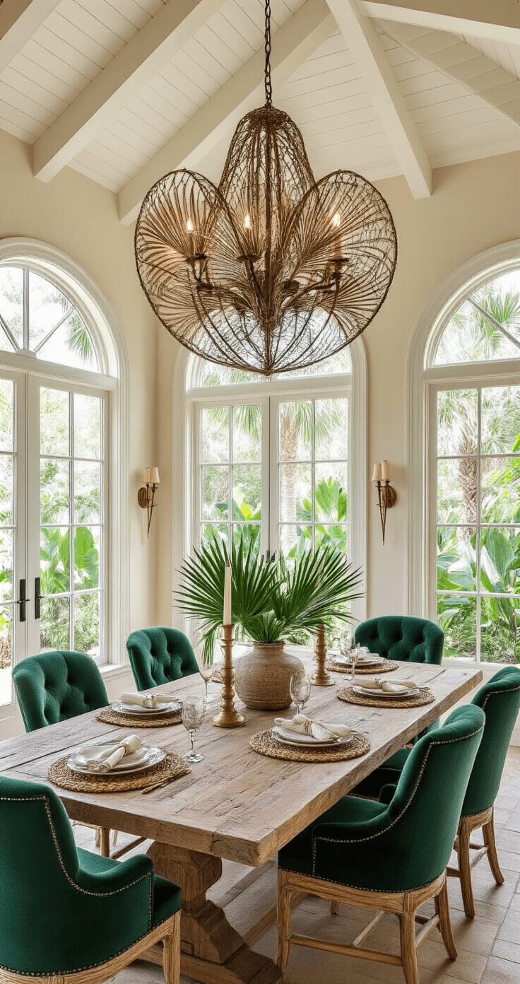 Elegant dining room with vaulted ceiling, exposed white beams, and a chandelier inspired by palm fronds, featuring a rustic reclaimed cypress tabletop, emerald velvet chairs, and tall arched windows showcasing a cabbage palmetto garden, all in bright natural lighting.