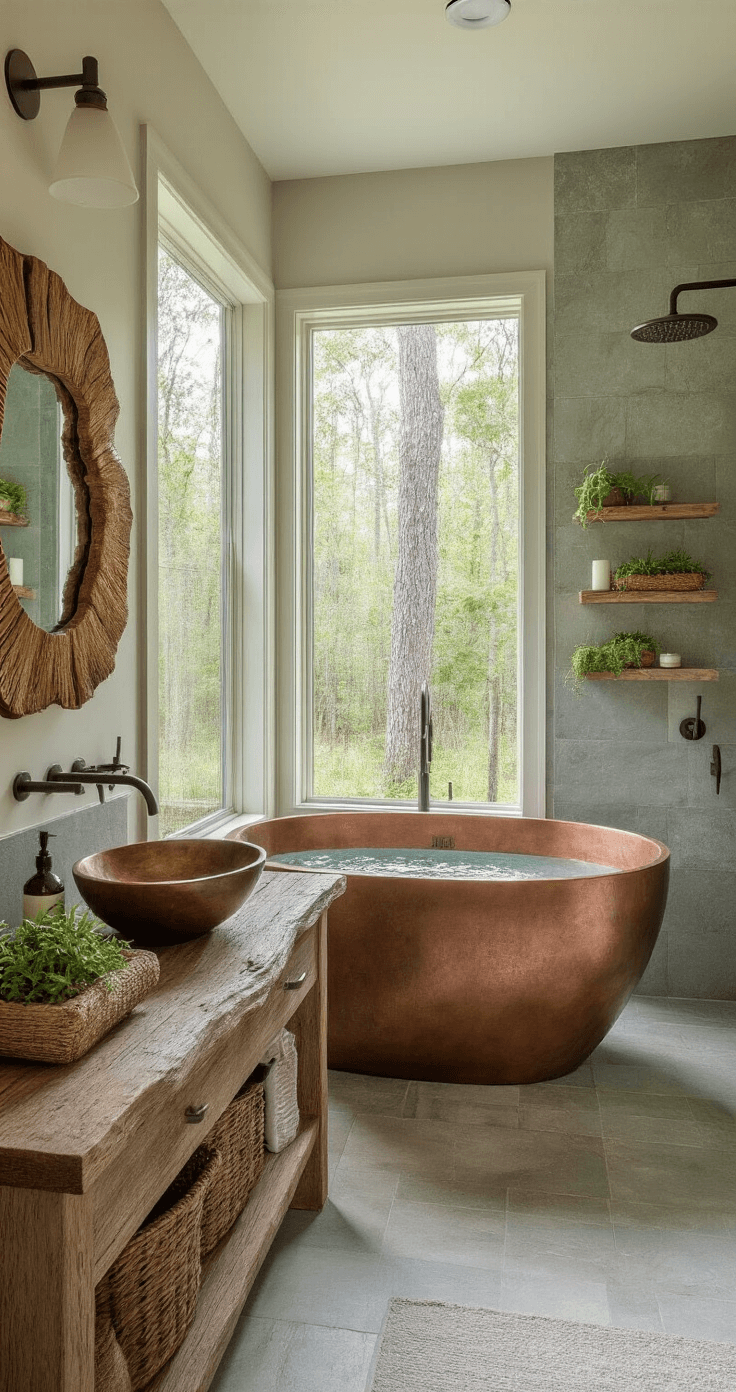 A tranquil bathroom spa retreat featuring a freestanding copper soaking tub, weathered wood vanity with a vessel sink, and a living edge cypress mirror, all set against natural stone tiles in grey and sage. Floating shelves display air plants and candles, with frosted windows revealing a cypress grove bathed in soft morning light. The design showcases a rainfall showerhead, woven storage baskets, and a neutral palette of stone grays and warm whites, creating a serene wetland sanctuary from an overhead perspective.