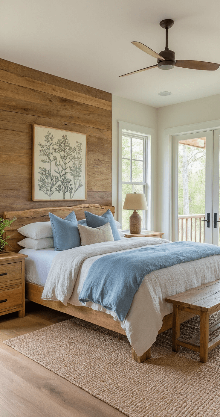 A spacious master bedroom featuring a live edge oak headboard wall and linen bedding in coastal blues and sandy neutrals, with vintage hickory nightstands. Elm wood floors display natural variations, and large sliding doors provide access to a screened porch overlooking a mixed native forest. The scene is bathed in golden sunrise light, highlighting botanical artwork of North Florida species and woven grass textures, with rustic metal accents, creating a peaceful woodland retreat atmosphere.