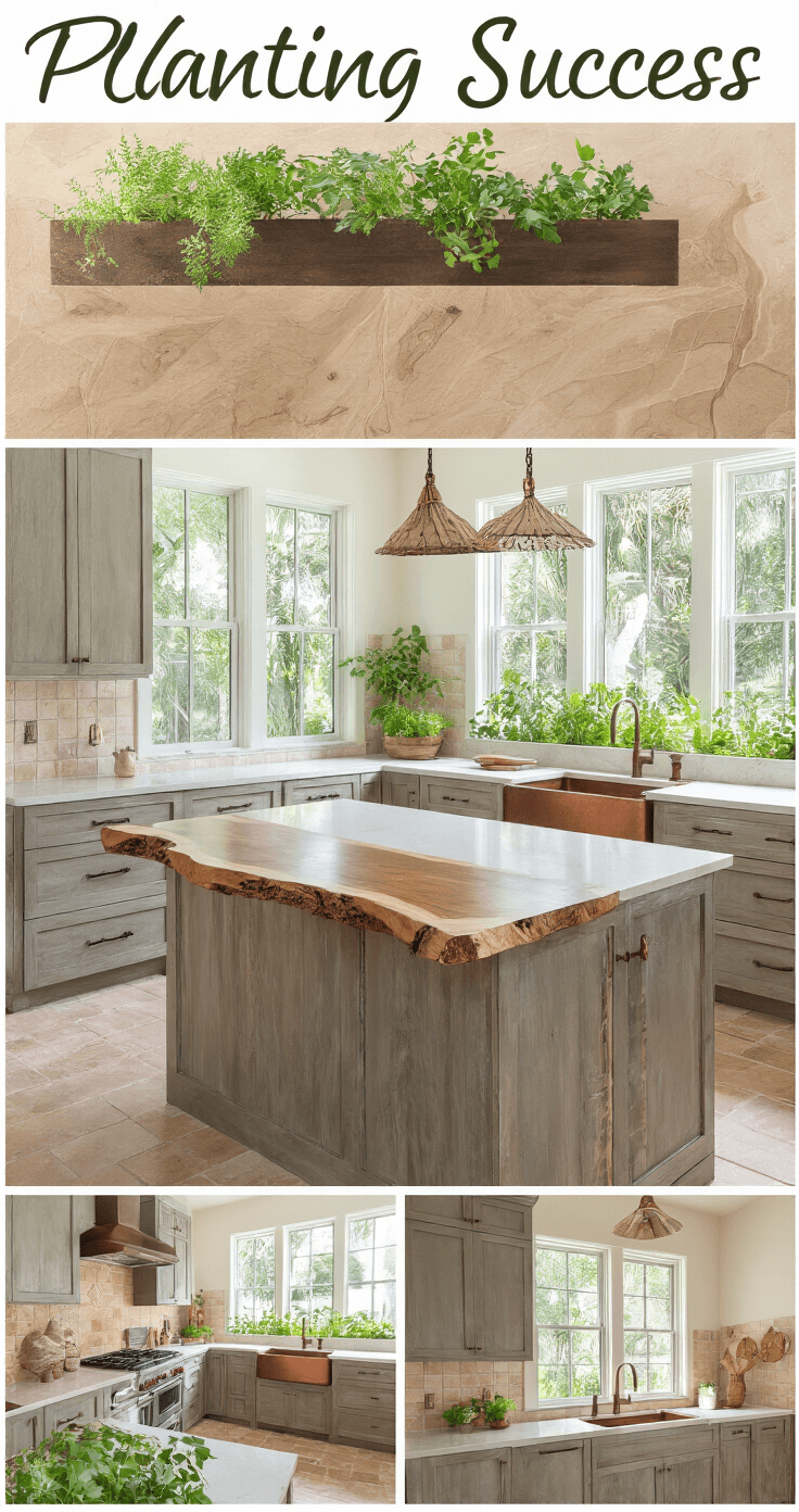 A bright and cheerful Florida family kitchen featuring driftwood gray custom cabinets, natural veined quartz countertops, a large island with a live edge gumbo limbo wood breakfast bar, seed pod-inspired pendant lights, an herb garden window with native plants, a terracotta tile backsplash, and a copper farmhouse sink, all illuminated by morning sunlight.