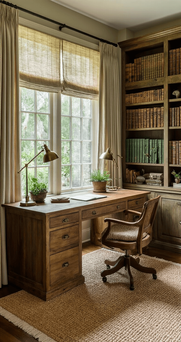 Home office with built-in reclaimed Florida cypress desk, floor-to-ceiling botanical library filled with vintage field guides, terrarium displays of native species, and a large picture window overlooking a conservation garden, accented by natural linen curtains, a seagrass area rug, and an antique brass desk lamp, all in an earthy color palette of forest greens and warm browns, captured from a chair perspective with focused task lighting.