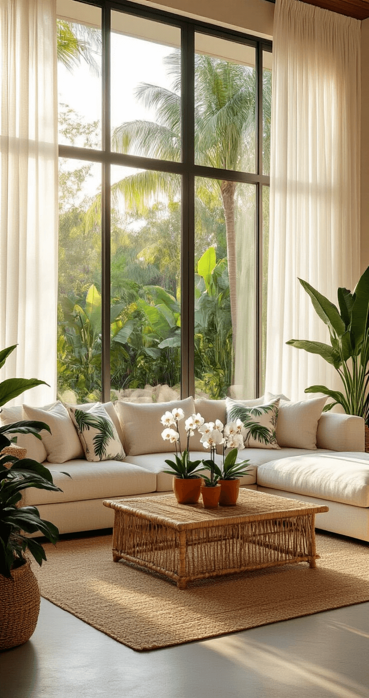 Photorealistic living room with floor-to-ceiling windows, tropical garden view, golden hour sunlight, neutral linen sectional with palm-printed pillows, rattan coffee table with orchids, polished concrete floors, jute rugs, fiddle leaf fig and bird of paradise plants, warm earth tones and sage green accents.
