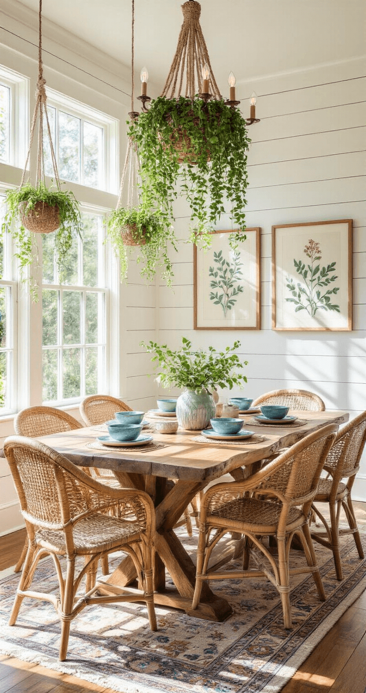 Bright sunlit dining room with a live-edge wooden table, woven rattan chairs, and hanging air plants. White shiplap walls adorned with botanical prints and a chandelier made of driftwood and Edison bulbs. Polished hardwood floors with a vintage Persian rug, creating a coastal botanical ambiance with morning light casting dramatic shadows.