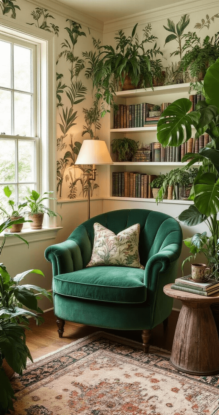 Cozy reading nook with a curved emerald velvet armchair, botanical books on built-in shelves, small potted palms, and a brass floor lamp, framed by large monstera and snake plants, against cream walls with botanical wallpaper, anchored by a jewel-toned Persian rug, softly lit by afternoon sunlight.