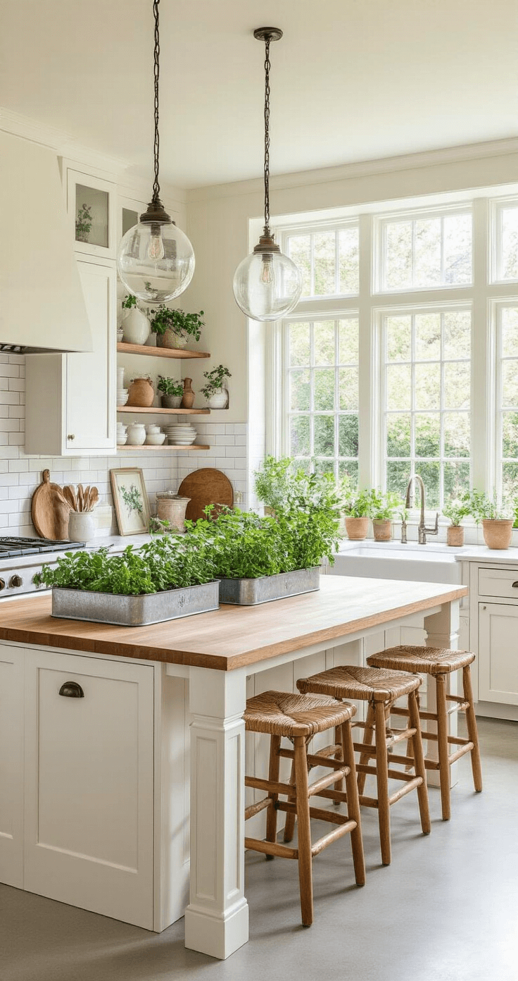 Spacious kitchen with white shaker cabinets, butcher block countertops, and a large island adorned with herb gardens in galvanized planters, featuring pendant lights, vintage botanical prints, a farmhouse sink with a garden view, and polished concrete floors illuminated by morning sunlight.