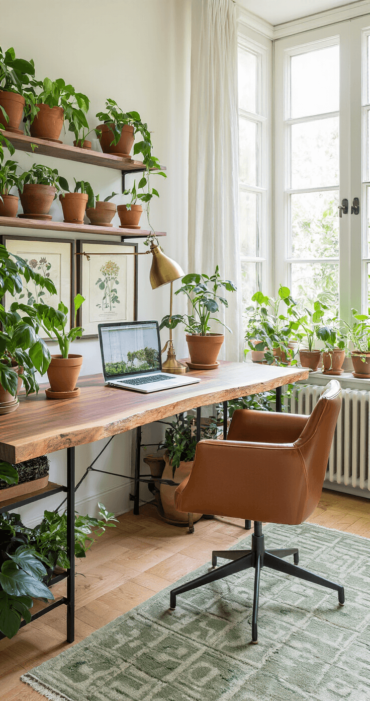 Home office for a plant enthusiast with a live-edge walnut desk by large windows, industrial black metal shelves showcasing rare plants in terracotta pots, a cognac brown leather chair, vintage botanical art on the walls, brass desk lamp, hardwood floors, and green geometric rug.