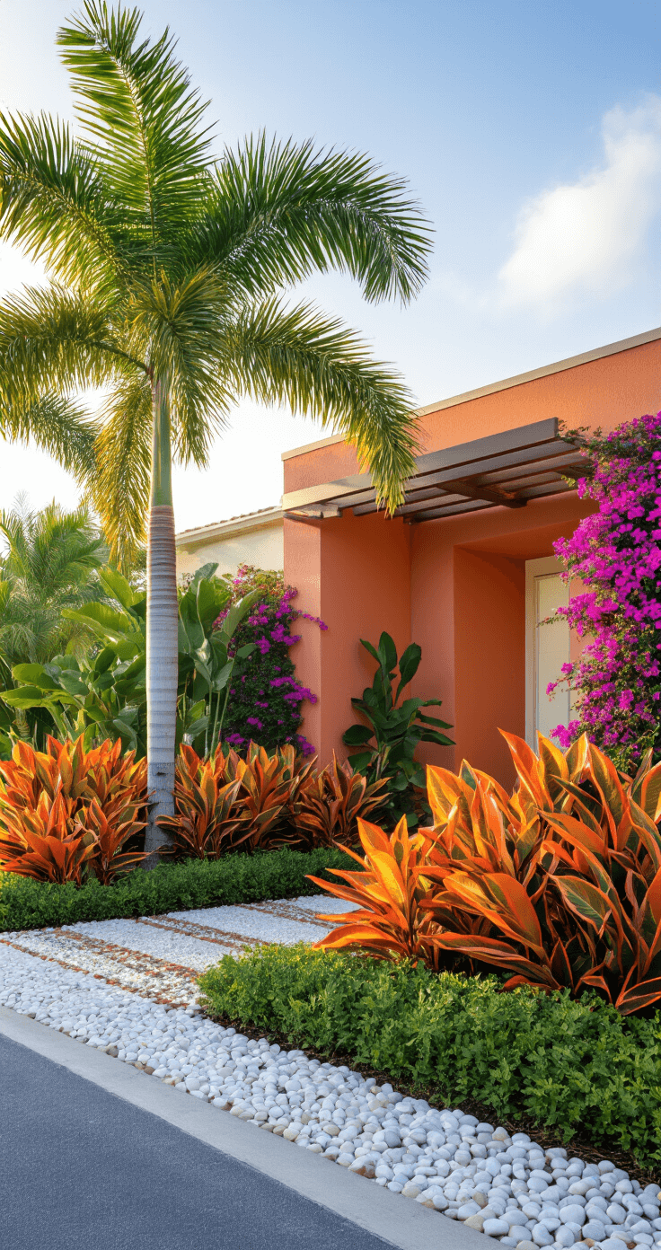 Photorealistic front yard of a modern home in South Florida at golden hour, featuring mature foxtail palms, vibrant croton plants with variegated leaves, cascading purple bougainvillea, and defined planting beds with Mexican beach pebbles, against warm coral stucco walls and lush native groundcover, captured from street level with dramatic shadows.