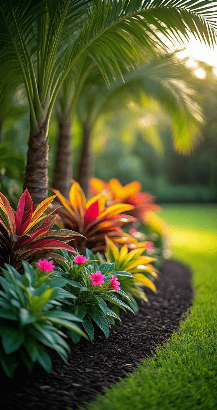 Close-up of a lush botanical garden arrangement with three foxtail palms in the background, vibrant croton shrubs in the mid-ground, and native pentas with pink blooms in the foreground, all illuminated by soft morning light and rich dark mulch.