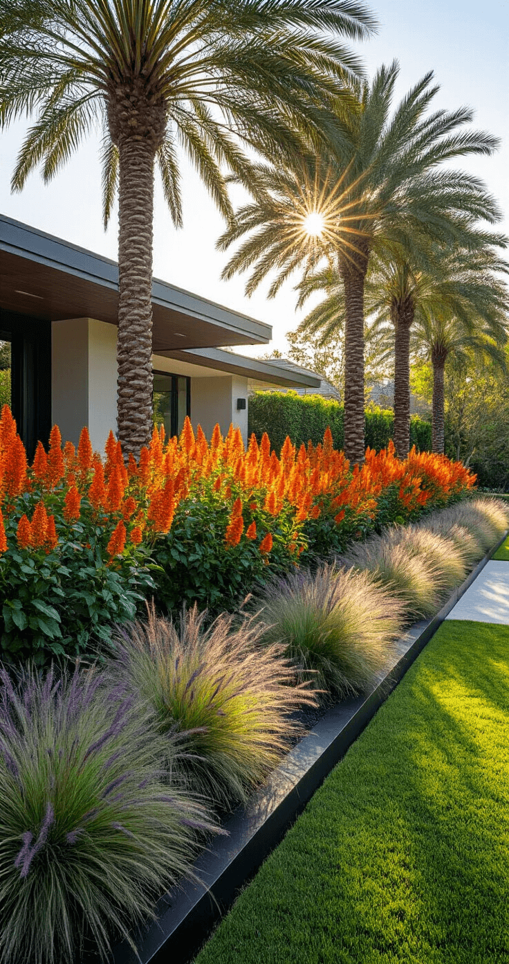 Elegant landscape design featuring tall queen palms, vibrant firebush, and low muhly grass groundcover, with decorative black steel edging and contemporary home architecture, all illuminated by dappled afternoon sunlight.
