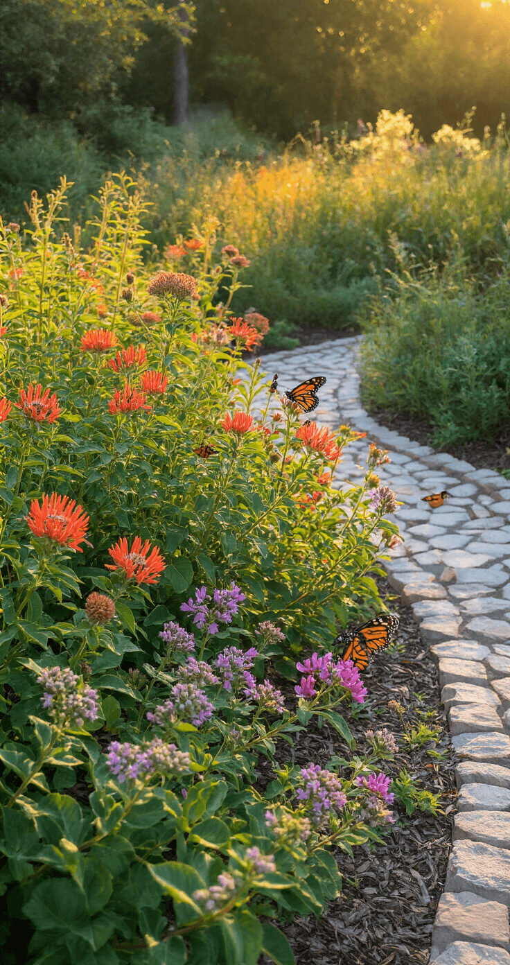 A vibrant wildlife-friendly garden in golden evening light, showcasing blooming firebush, milkweed plants with monarch butterflies, and colorful pentas attracting hummingbirds, framed by natural stone borders and organic planting beds with native coontie and Simpson's stopper shrubs, highlighting environmental conservation.