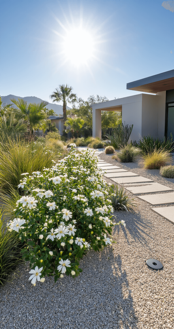 A contemporary xerophytic garden featuring Simpson's stopper with white flowers, silver-green coontie palms, and ornamental grasses, designed with decomposed granite pathways and automatic irrigation heads, showcasing resilience under the harsh noon sun.