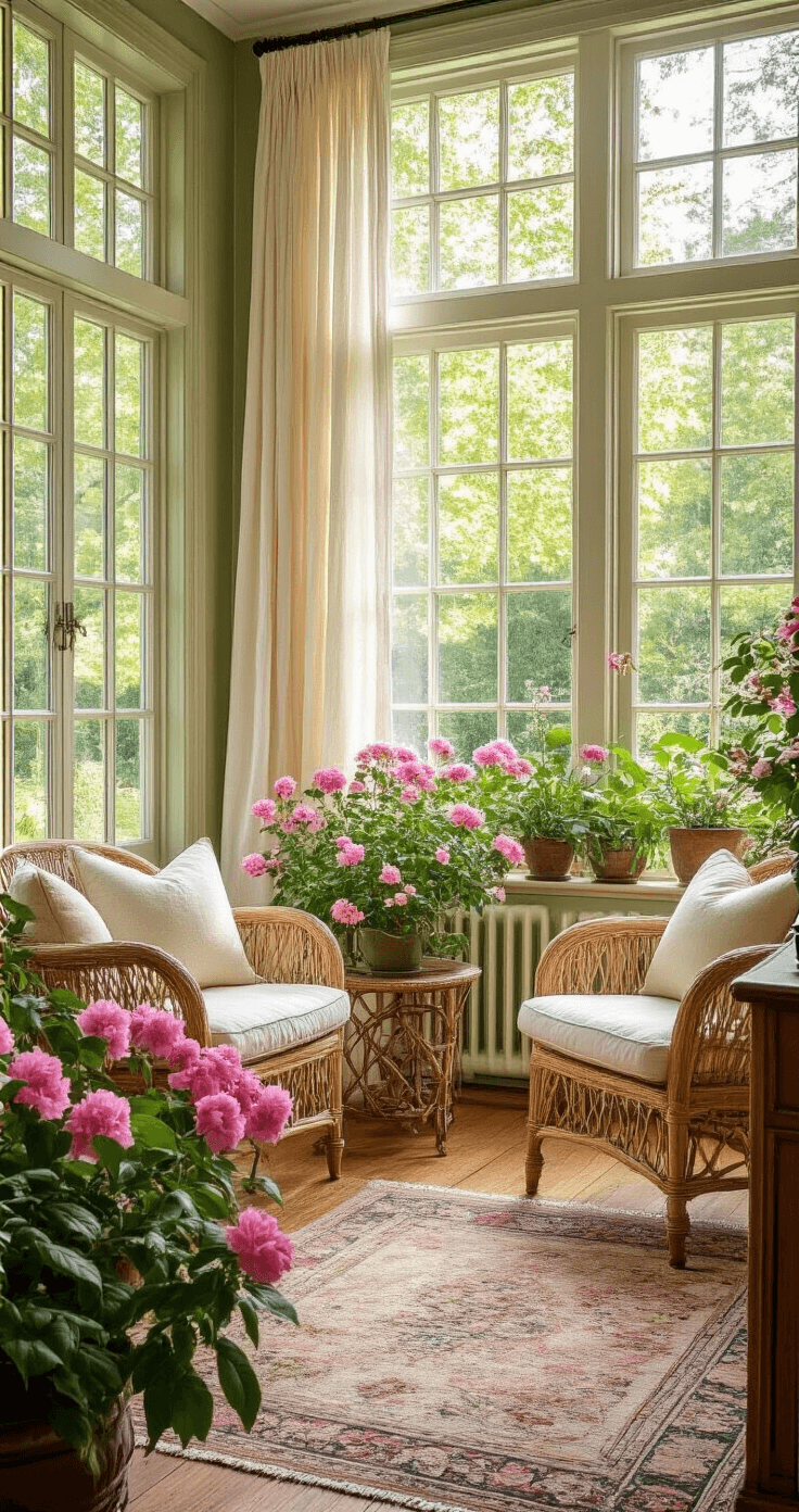 A sunroom with floor-to-ceiling windows offers panoramic views of a garden filled with vibrant pink Weigela florida blooms. The space features natural oak furniture, botanical prints, and rattan accent chairs with cream cushions. Soft morning light filters through sheer linen curtains, illuminating sage green walls and hardwood floors adorned with a Persian rug. Vintage brass planters showcase flowering branches, creating a serene botanical sanctuary atmosphere in warm golden hour lighting.