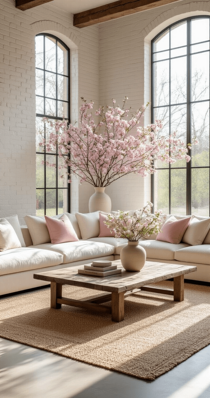 Elegant living room featuring a cream sectional sofa facing large picture windows, adorned with Weigela florida branches in tall vases, whitewashed brick walls, a natural jute rug, and a reclaimed wood coffee table, complemented by soft pink accent pillows and morning sunlight illuminating polished concrete floors in a minimalist modern farmhouse style.