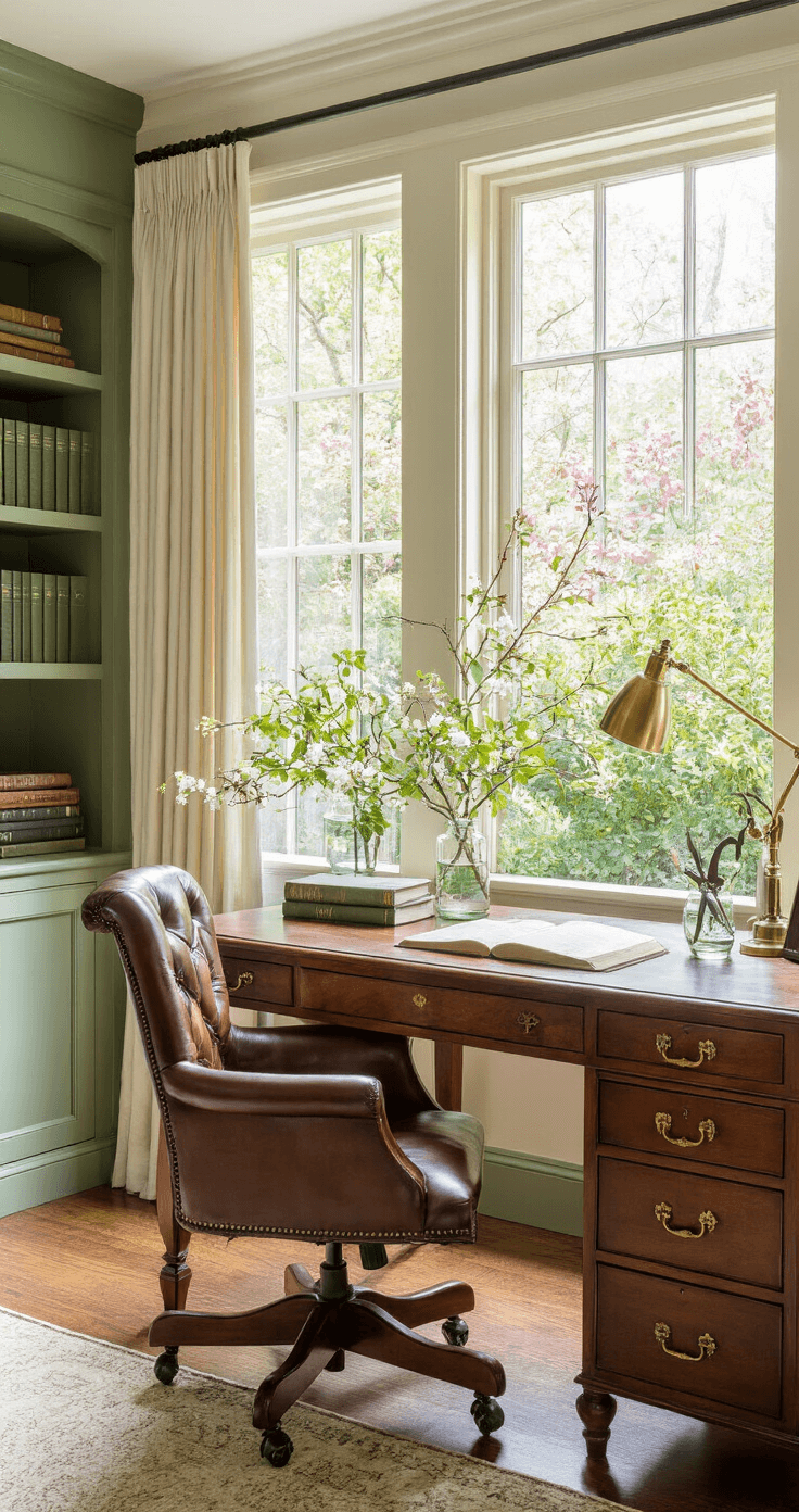 Sophisticated home office featuring a rich walnut desk and leather executive chair near sunny windows, with sage green shelving, vintage pruning shears, botanical books, and fresh Weigela branches in glass bottles, all bathed in warm afternoon light.