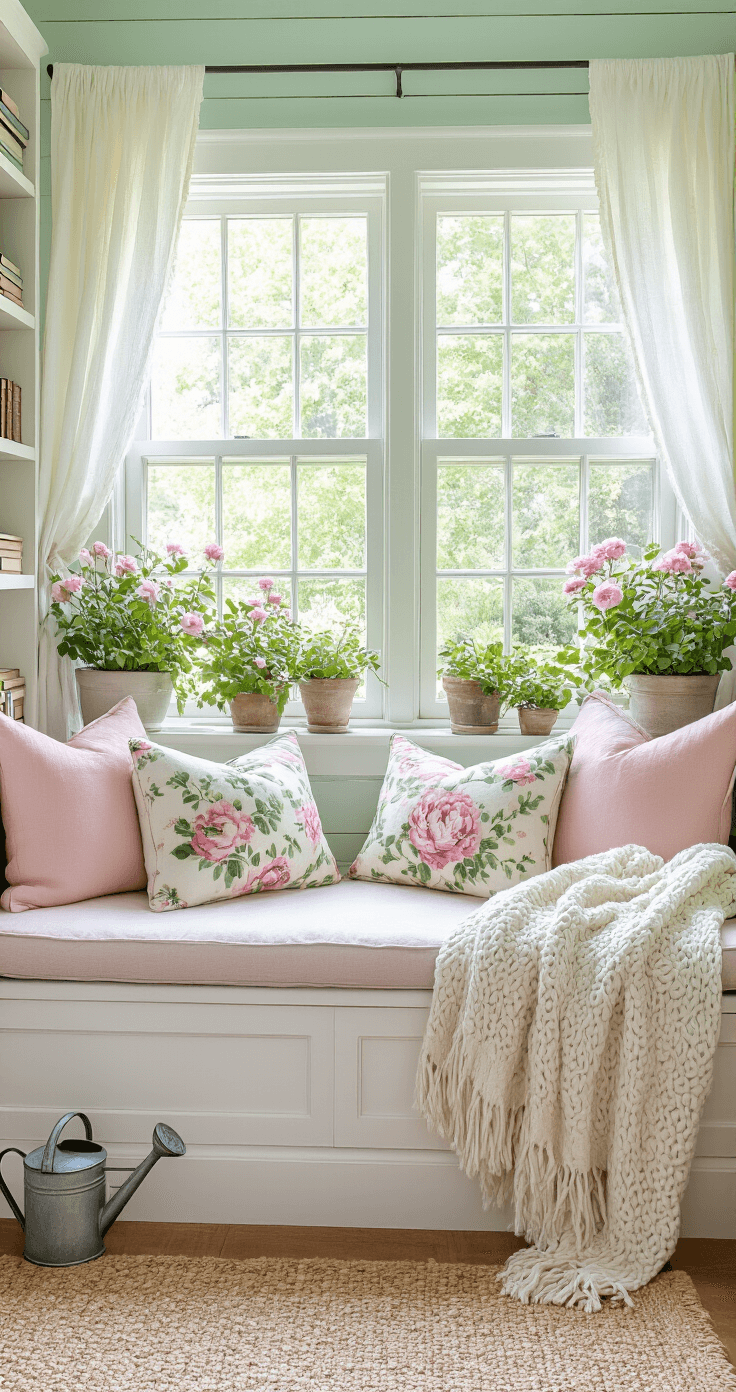 Cozy reading nook with a window seat adorned with plush pink and green floral cushions, surrounded by white built-in bookcases and potted flowering plants on the sills, softly lit by morning light filtering through gauze curtains, complemented by a natural fiber rug and a vintage watering can, creating a tranquil garden retreat ambiance.