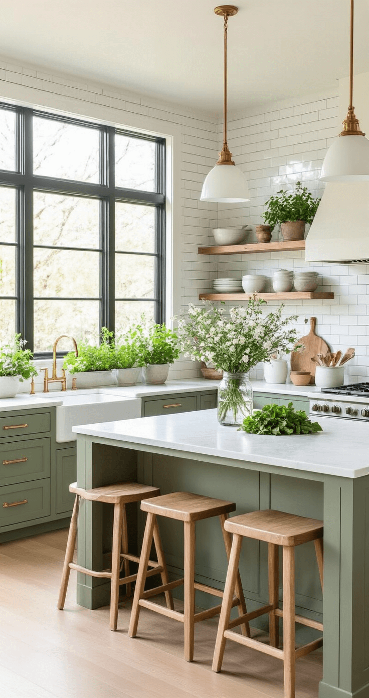 A contemporary kitchen featuring white marble countertops and a subway tile backsplash, with sage green lower cabinets and brass hardware. Open shelving displays ceramic planters, fresh flowering branches in mason jars, and large windows provide bright midday lighting. Natural wood bar stools complement the pendant lighting over the island, creating a lively culinary garden atmosphere.