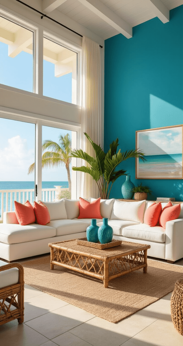 Photorealistic Florida-style living room featuring an open concept layout with ocean blue accent wall, white sectional sofa adorned with coral throw pillows, a natural rattan coffee table, sandy beige tile flooring, and tropical palm plants in woven baskets, illuminated by bright morning sunlight through floor-to-ceiling sliding glass doors and large windows, showcasing an airy 20ft ceiling with white beams and minimalist coastal decor.