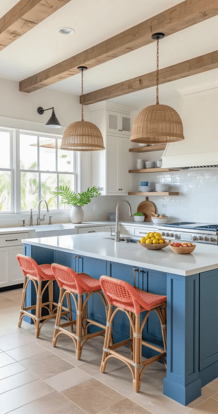 Spacious Florida kitchen featuring white shaker cabinets and an ocean blue island with quartz countertops, sandy neutral backsplash tiles, stainless steel appliances, and a large window above the farmhouse sink, accented by pendant lighting with natural rattan shades and coral bar stools, complemented by a tropical fruit bowl, open shelving with coastal decor, and natural wood ceiling beams, all bathed in bright afternoon light, showcasing a clean contemporary style and warm inviting atmosphere from the dining area perspective.