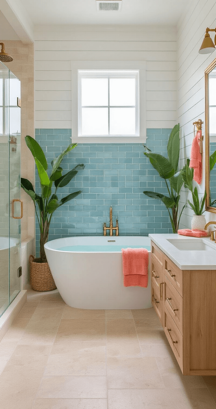 Luxurious Florida bathroom featuring a freestanding white tub, ocean blue subway tile accent wall, natural wood floating vanity with white quartz countertop, large brass-framed mirror, tropical plants, sandy beige floor tiles, rainfall shower with glass doors, white shiplap walls, brass fixtures, coral towels, and coastal accessories, all illuminated by natural light from a frosted window.